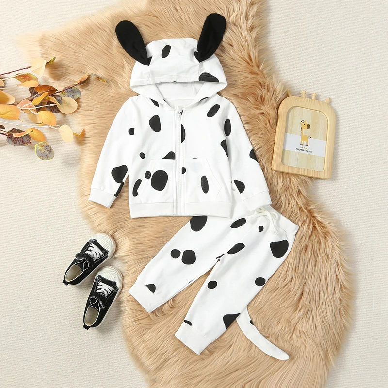 Baby Girls Boys Speckle Print Costume Long Sleeve Zip Up Hoodie with Ears Tail Pant Set Infant Outfits Sweatpants Clothes Set image 2
