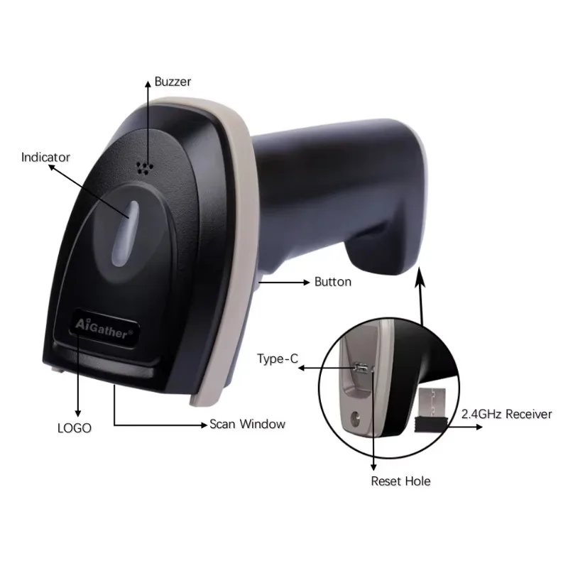 2.4GHz Dongle Wireless 2D Code Barre Scanner BT Handheld 1D 2D USB Bar Code Device