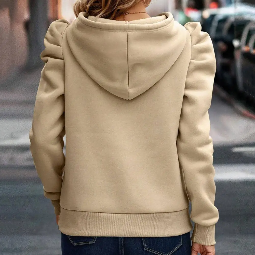 Fall Spring Women Hoodie Loose Solid Color Patch Pocket Long Sleeves Piled Sleeves Thick Warm Pullover Casual Sweatshirts