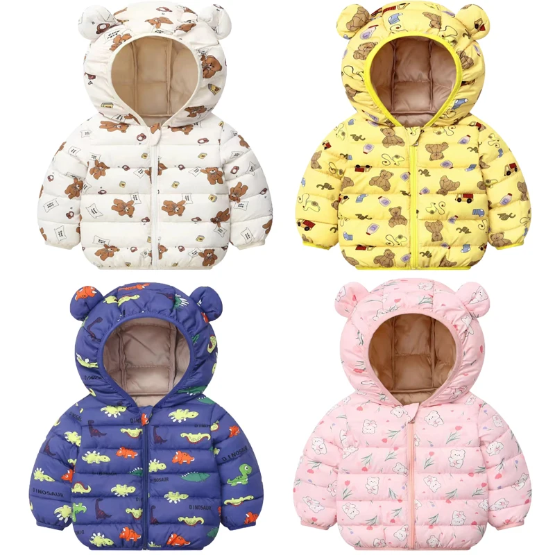 

2024 Autumn Winter New Girls Jacket Cartoon Bear Dinosaur Print Thick Keep Warm Hooded Coats For 2-6Y Boys Down Cotton Outwear