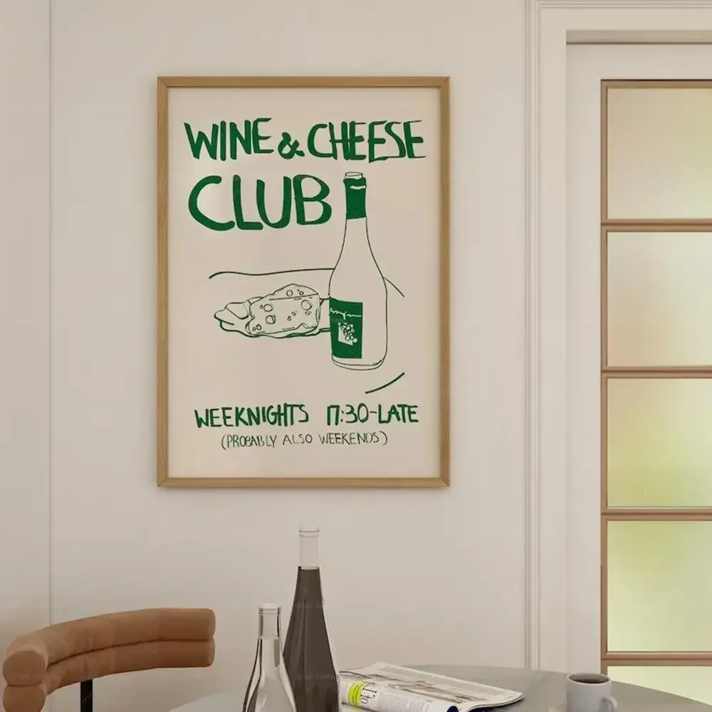 Pósteres del Club de vino y queso de mediados de siglo, impresiones de imágenes, citas de comida Vintage, cuadro sobre lienzo para pared para cocina moderna, decoración del hogar