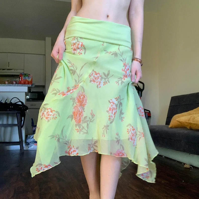 포레스트 스타일 소녀의 휴가 드레스, 여성용 프린트 메쉬 하프 스커트, 로우 웨이스트 불규칙 롱 스커트
