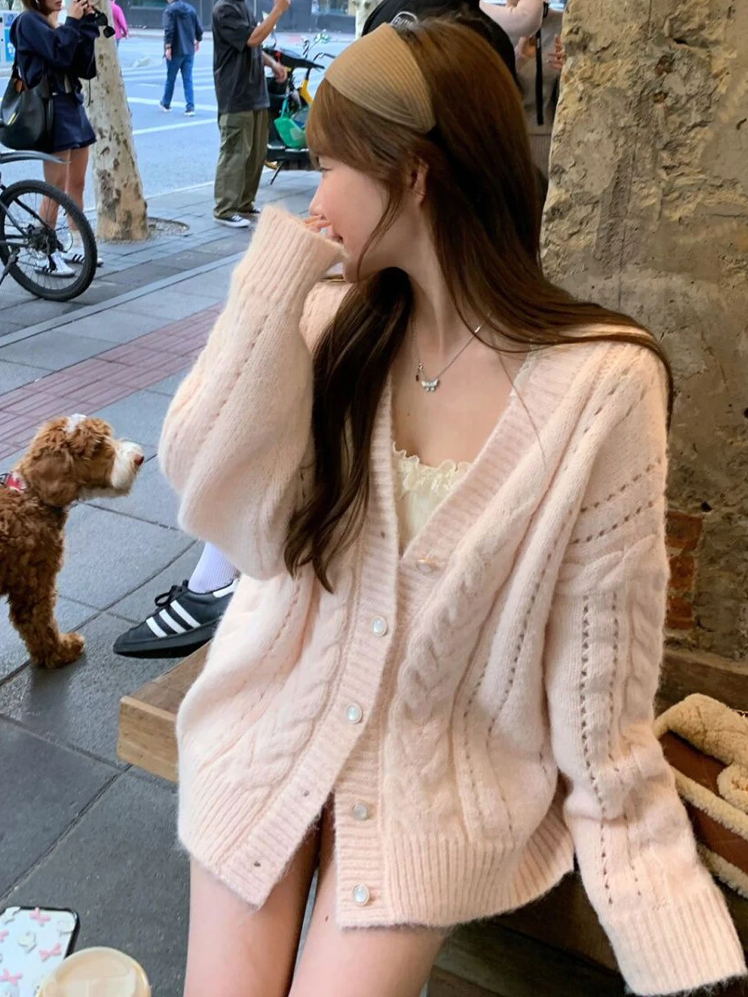Sweet Pink V-Neck Knitted Sweater Coat Women's Loose Age-Defying Twist Knit Open Cardigan Top Casual Style Spring Autumn