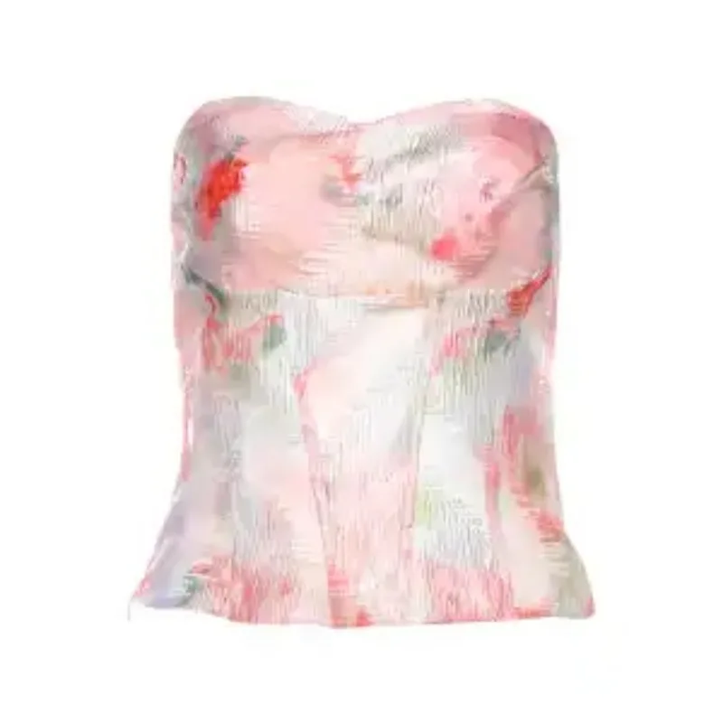 Women's Summer Romantic Floral Print Smocked Strapless Tube Top Slim Casual Daily Blouse