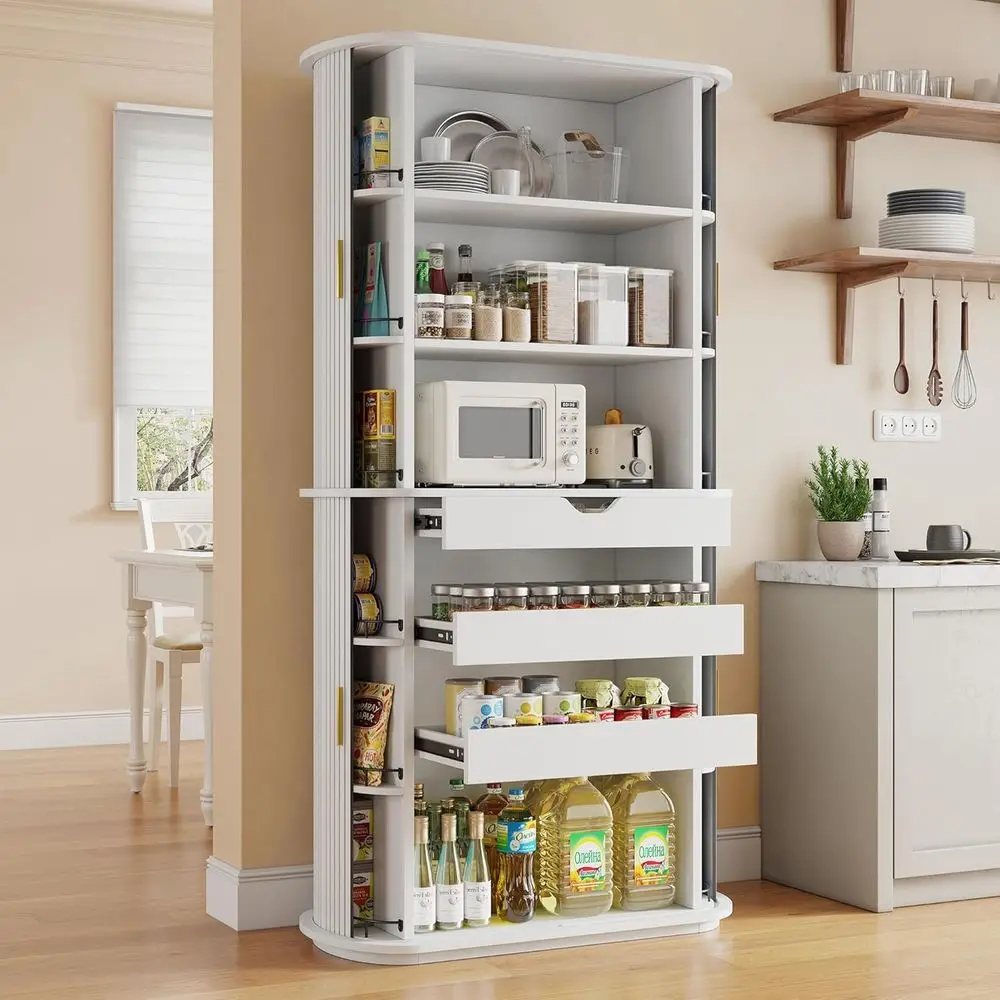 Kitcen Pantry witSliding Do, ern Curved Pantry StoraCainets witDer & Pull Out Sees, 64reestanding Wood Cupoard or Kitcen Dining