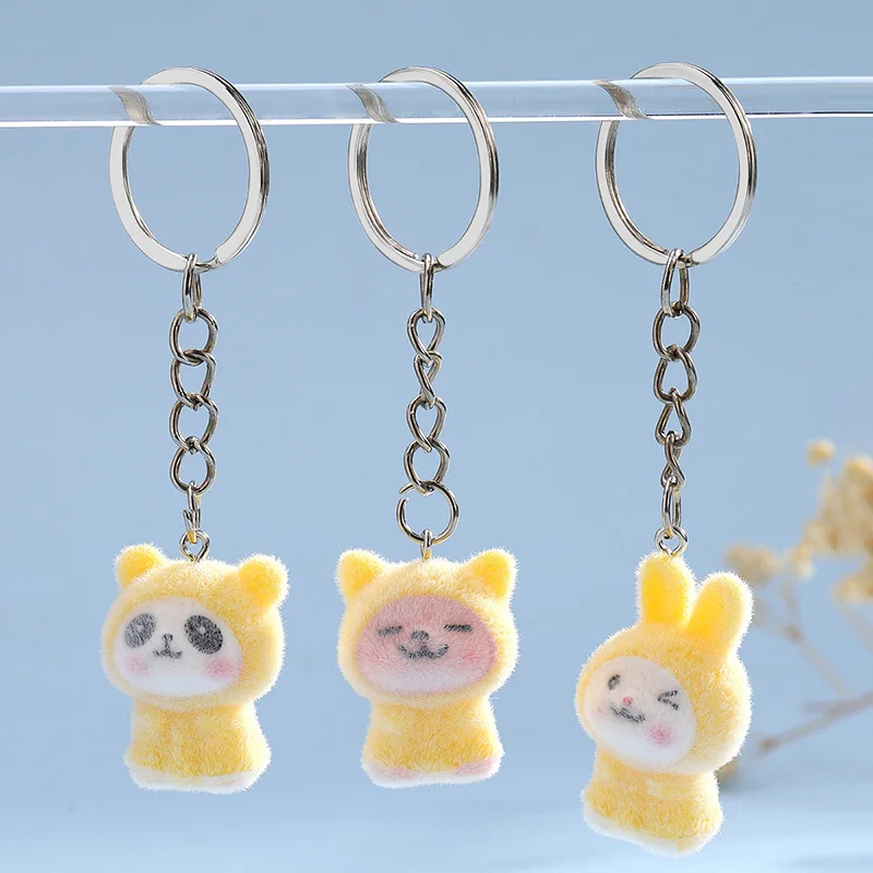 Fluffy Raincoat Rabbit Panda Bear Animal Keychains For Friend Resin Lovely 3D Flocking Pet Pendant Bag Box Car Key Ring Jewelry