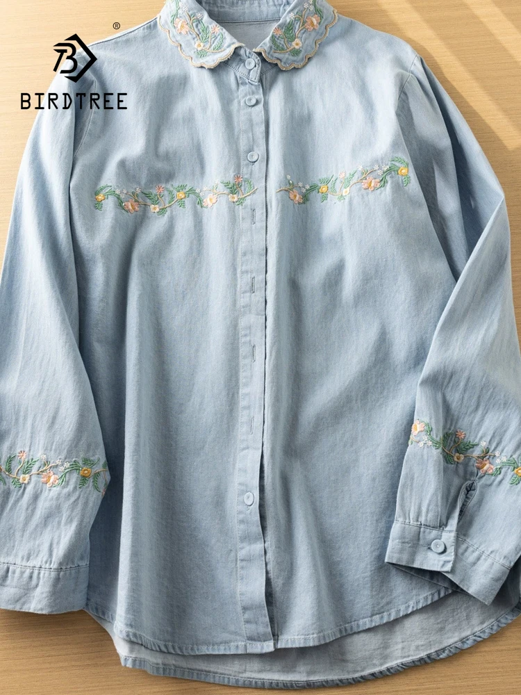 New 2026 Autumn Women Denim Long Sleeve Shirt, Turn-down Collar Embroidery, Mori Girl French Design Sense Loose Blouse T69720CC