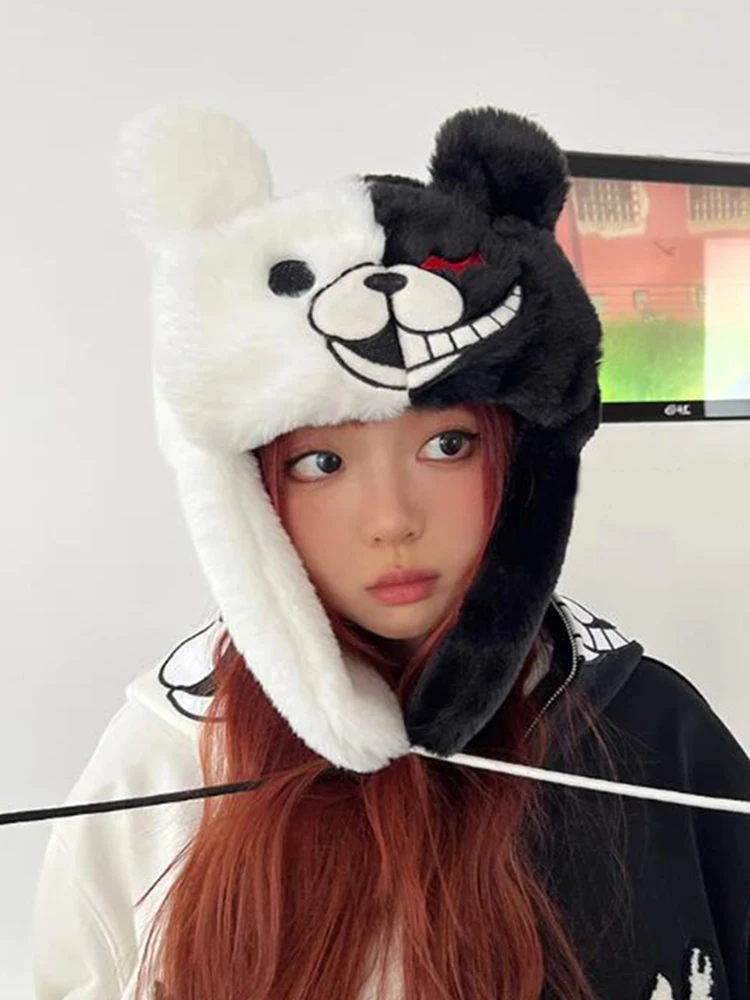 Fashion Autumn Winter Y2K Black Whiter bad Bear Embroidery Hot Sale Women's Cap Trapper Woman Ski Hats Caps Real She Ushanka Hat