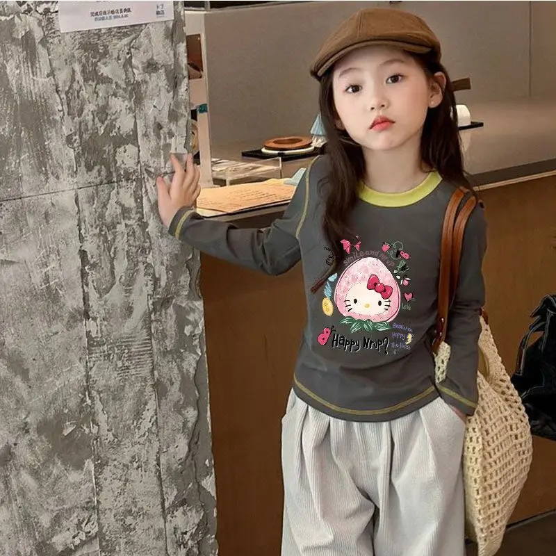 

Футболка Sanrio Hello Kitty для девочек из чистого хлопка с длинными рукавами, весенне-осенний детский топ с героями мультфильмов и аниме, детская одежда Kawaii