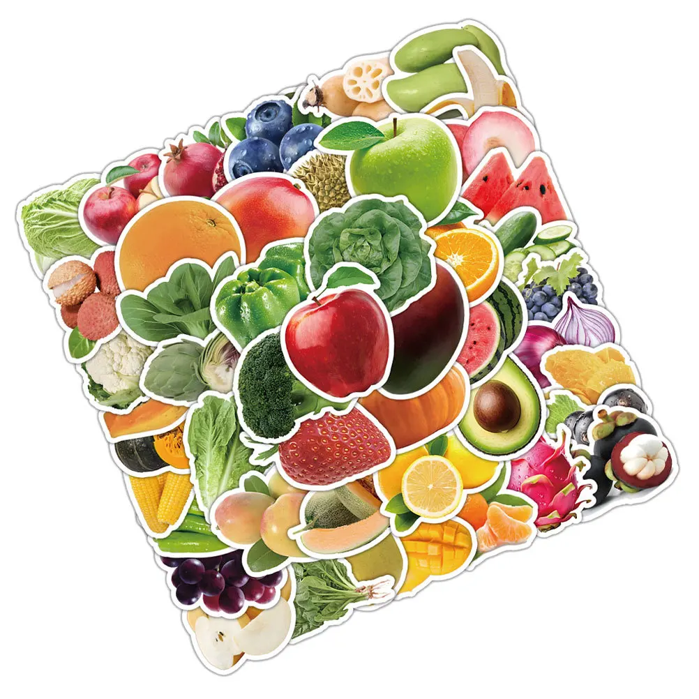 

60Pcs Waterproof Stickers Fruit Vegetable Stickers for Laptop Water Bottle Suitcase DIY Decorative Scrapbooking Cute Cartoon