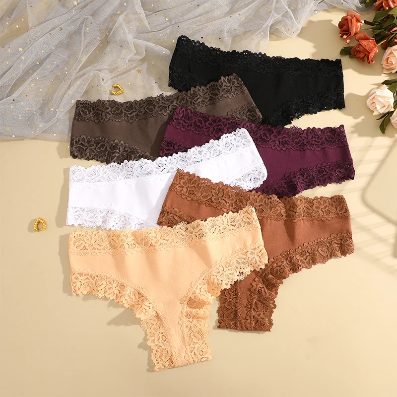 3PCS Women Cotton Brazilian Panties Lace Sexy Girls Underwear Low Waist Solid Color Briefs Female Breathable G-String Lingerie