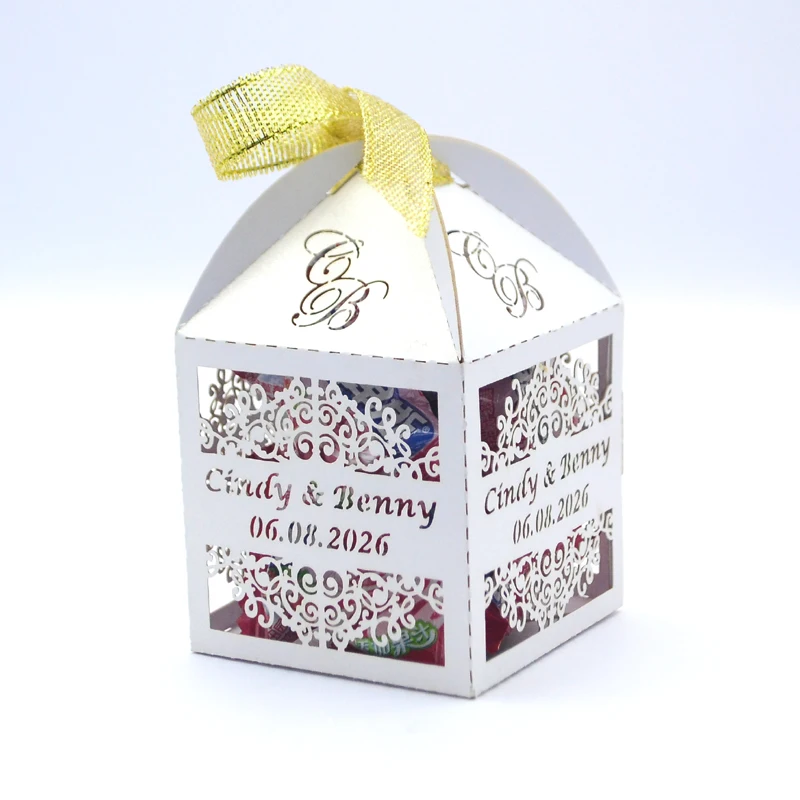 

50PCS Luxury Design Multiple Size Personalized Lace Flowers White Gold Silver Laser Cut Wedding Candy Box