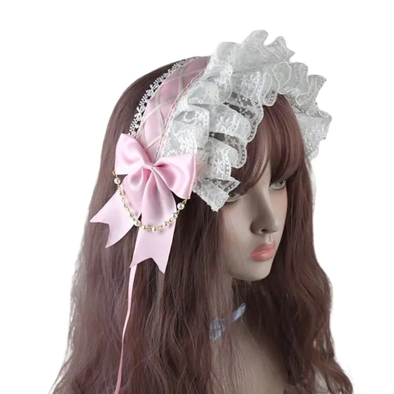 Sweet Lolita Bowknot Maid Headdress Ruffled Lace Headpiece Japanese Style Headband For Women Maid Headdress Dress Accessories