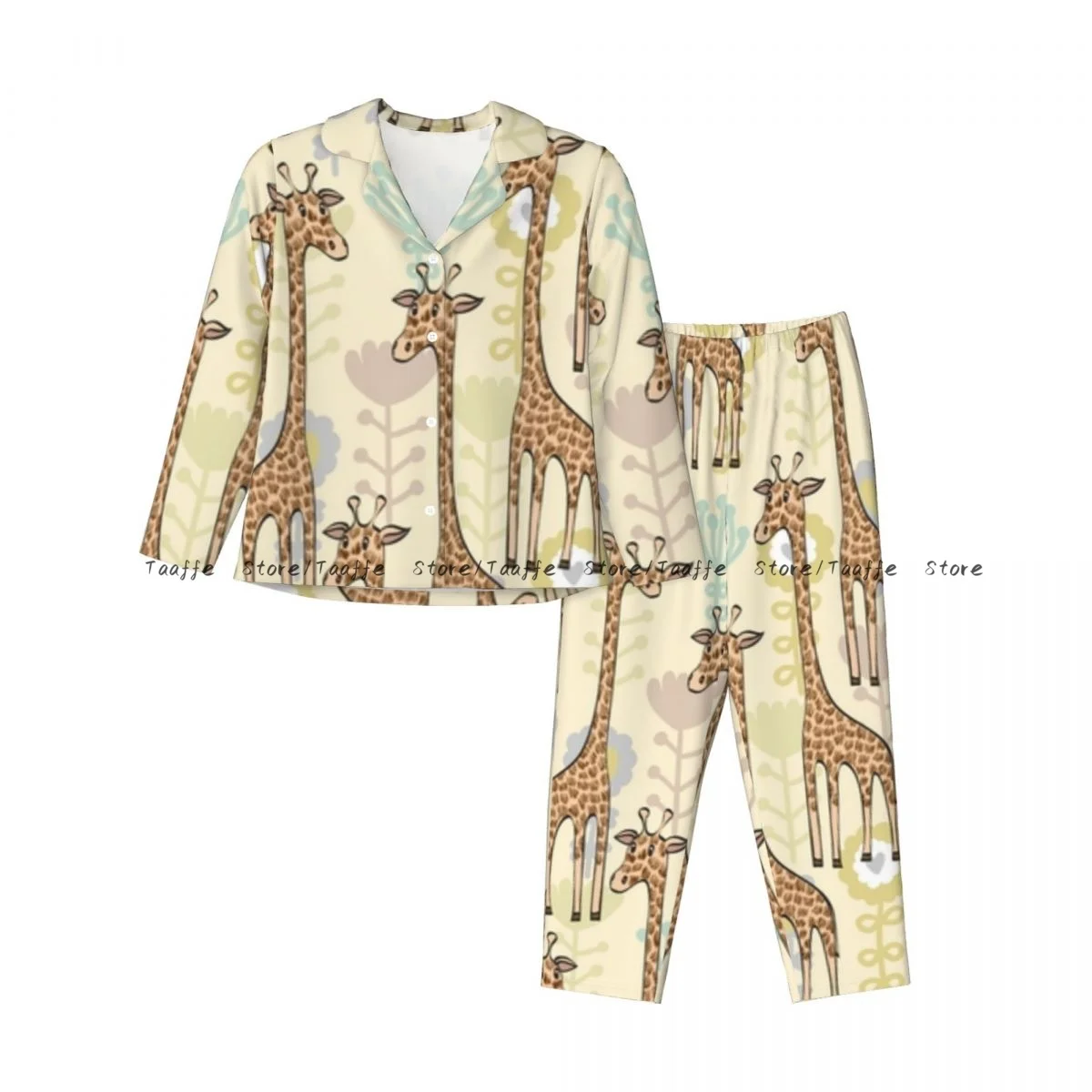 Spring and Autumn Long Sleeve Pants Pajamas Loungewear Set Cute Giraffes Pastel Background Women's Pull Edge Loose Sleeping Suit