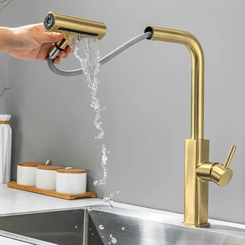 003 Pull Out Sprayer Kitchen Faucet Gold Deck Mounted Kitchen Sink Faucet