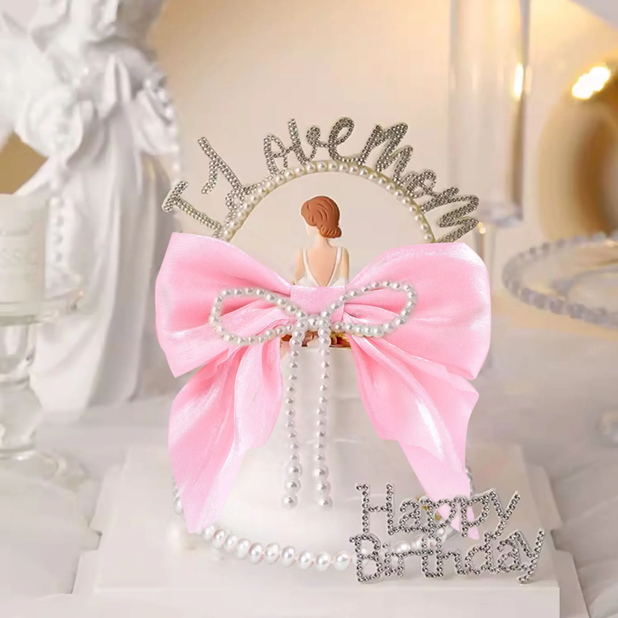 LaVenty Pink Bow Cake Topper Pearl Bow Cake Decor Coquette Birthday Cake Bachelorette Coquette Birthday Party Decorations