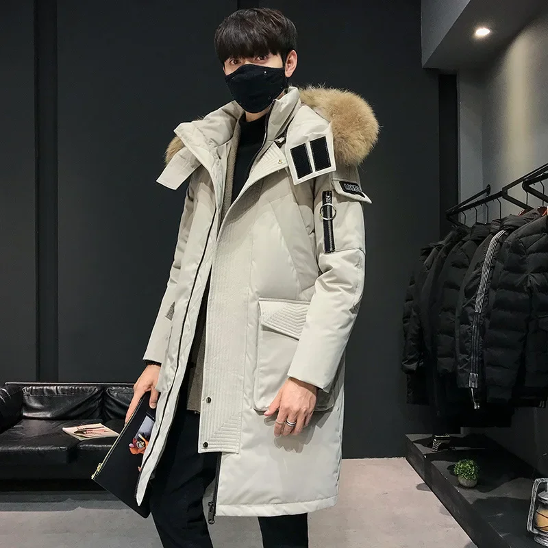 New Winter Men Hooded Fur Collar Long Parkas Down Coats Fashion Male Multiple Pockets White Duck Puffer Jackets Down Coats 3XL