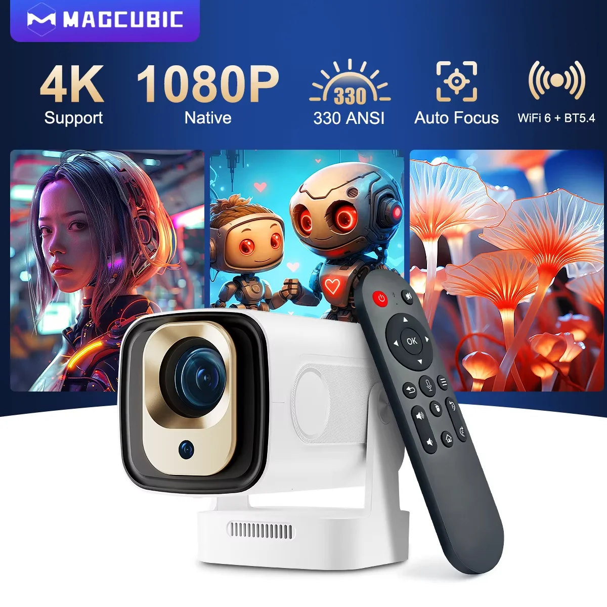 Magcubic HY310 1080P 330ANSI Android11 Mini-Projektor Autofokus 4K Nativ 5W Lautsprecher Air Mouse Sprachassistent Verbesserte Version des HY300