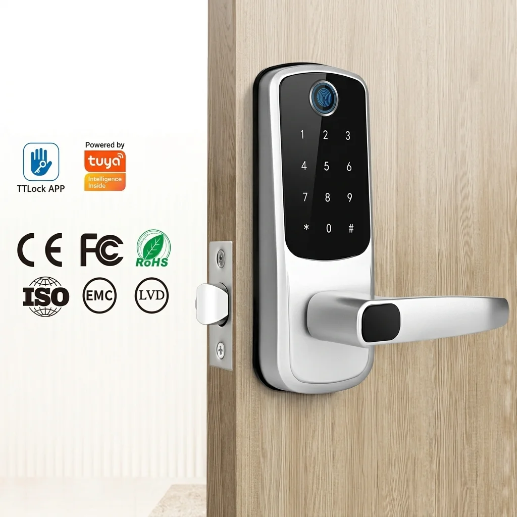 Digital Door Lock Fingerprint Handle - スマートホームやアパートメント向けの、指紋認証、パスワード入力、キーレスエントリー機能を備えた、インテリジェントなTuya Wi-Fi対応スマートデッドボルト式デジタルドアロック（ハンドル付き）。