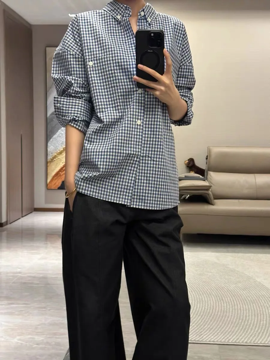 

Ретро Американский Синий Белый Клетчатый Длинный Све Хлопок Повседневная одежда irt ex Осенняя одежда для поездок на работу Универсальная верхняя одежда Пальто