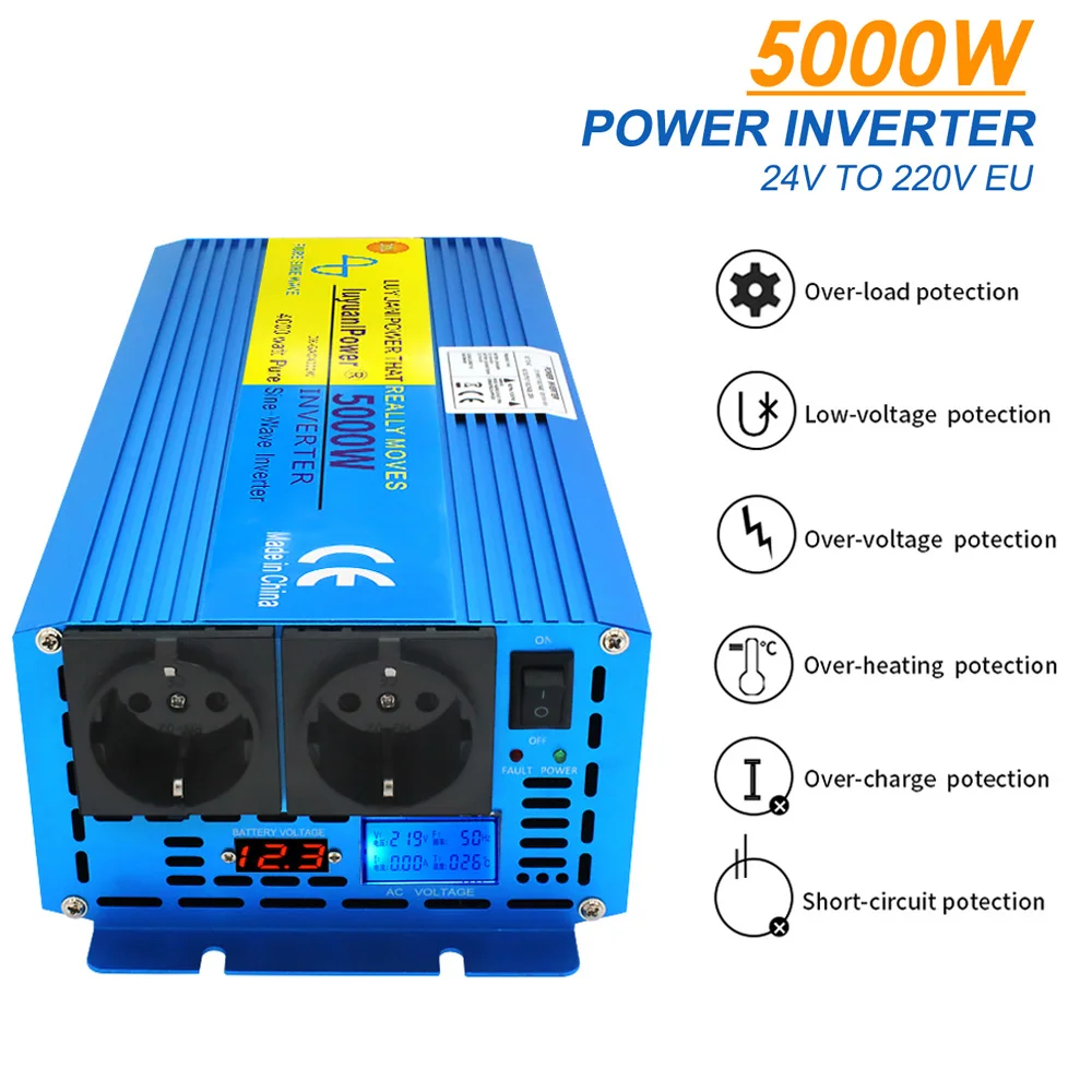 Pure Sine Wave Power Inverter 5000W DC 12V/24V To AC 110V/220V Frequency Converter EU/US/Universal 50Hz/60Hz Socket Car Inverter