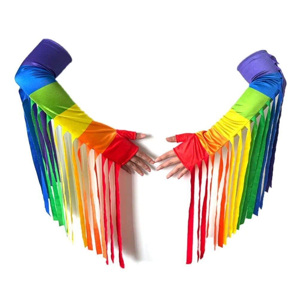 Fashion Stretch Rainbow Long Gloves Fashion Fringe Rainbow Tassel Gloves Costume Parade Colorful Mittens Pride Month