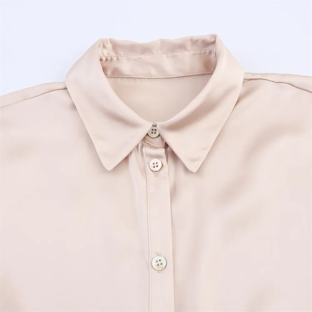 Camisa feminina casual versátil manga comprida gola manga comprida botão nó textura de seda cor sólida