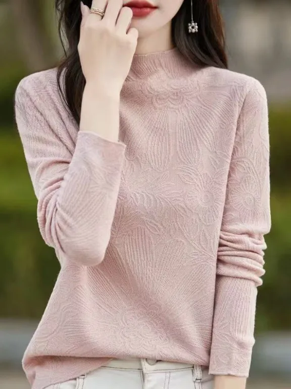 

Women's Knitted Base irt f High Collar Floral Embroidery Inner Wear Autumn Winter Soft Wool Blend Long Sve Casual Top