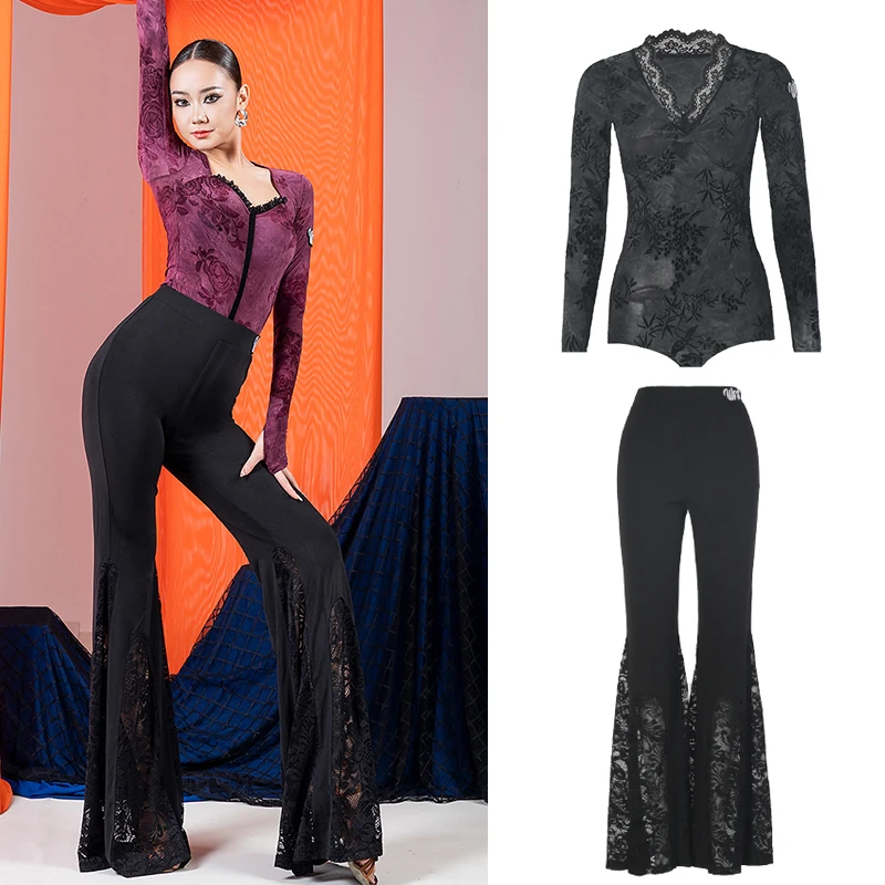 

Женская одежда для латиноамериканских танцев 2025: черные расклешенные брюки с кружевом, топы с длинными рукавами для вальса и бальных танцев, тренировочная одежда DNV25136