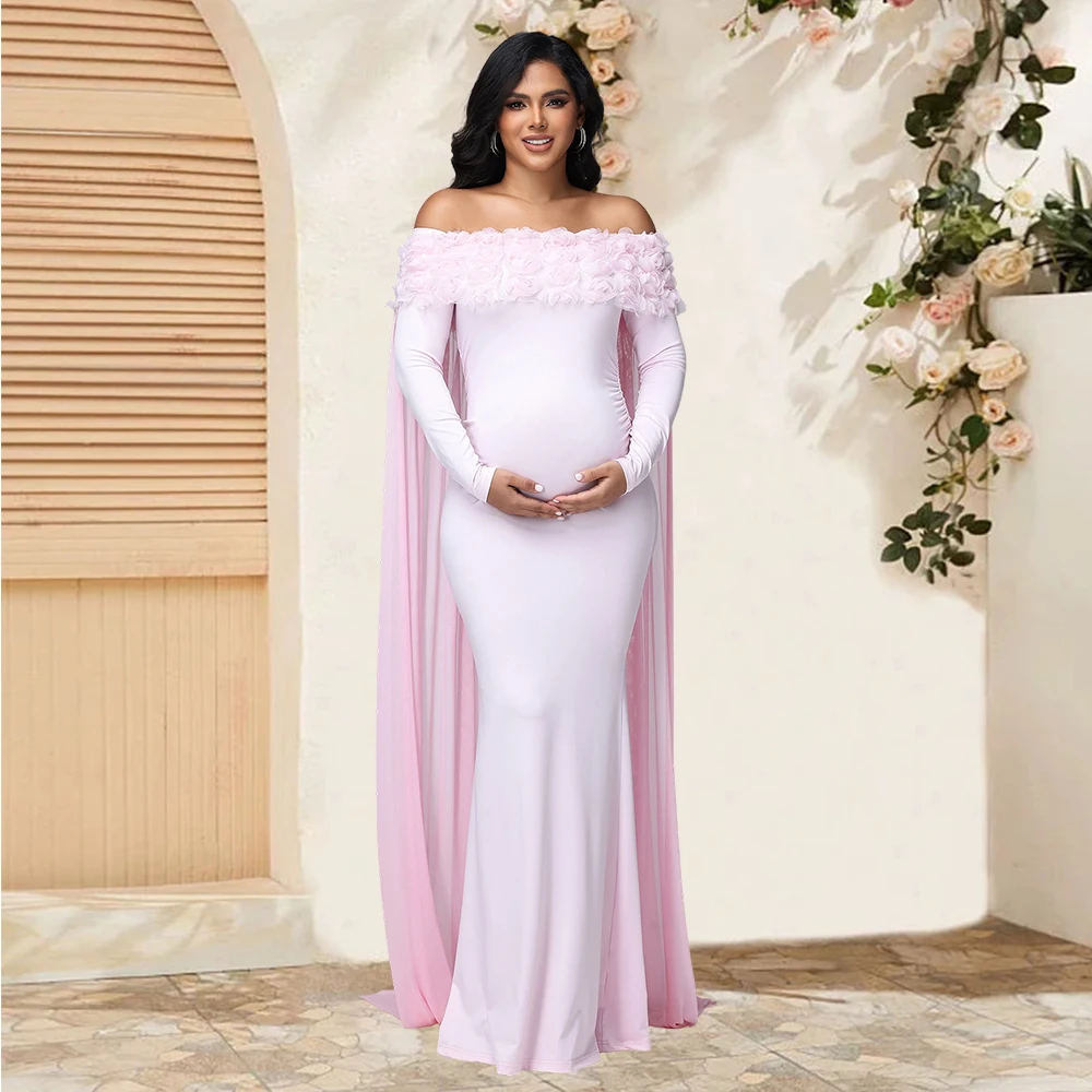 Maternity Women's Appliques Off Shoulder Long Sleeves Photography Dress Mesh Cloak Maxi Gown for Photoshoot Baby Shower view 6