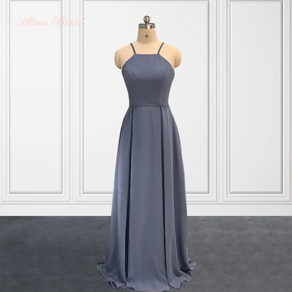 

Dusty Blue Bridesmaid Dresses for Women Halter Long Maid of Honor Dresses with Pockets for Girls Chiffon Wedding Party Dress