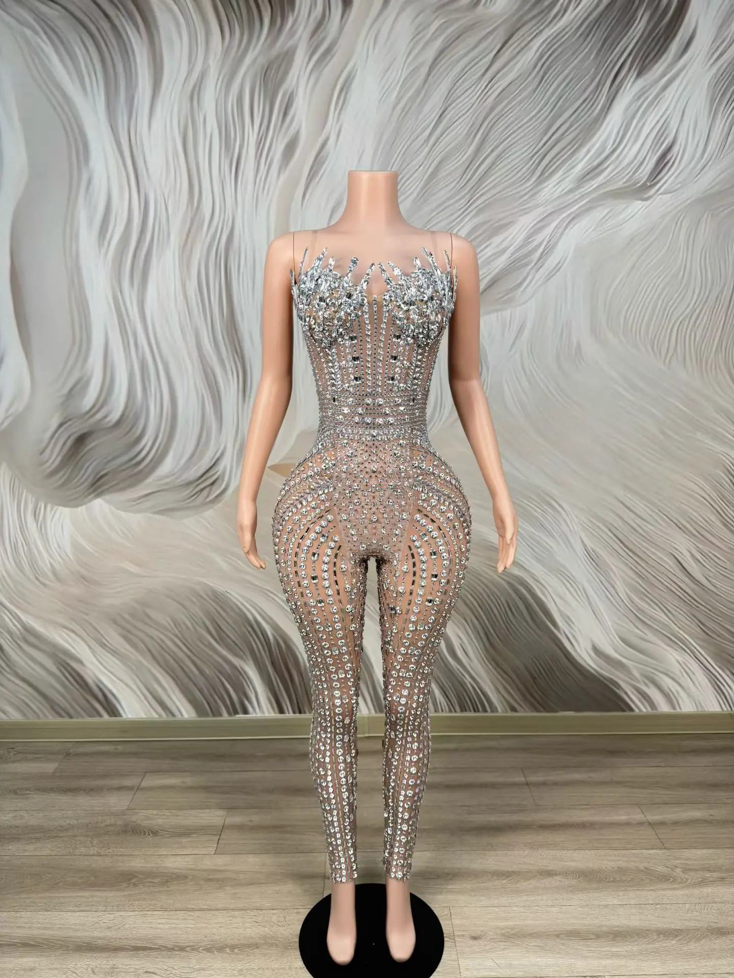 

Bazhuayuchangku Womens Silver Rhinestone Embellished Strapless Sheer Mesh Jumpsuit with 3D Crystal Bustier for Party Stage