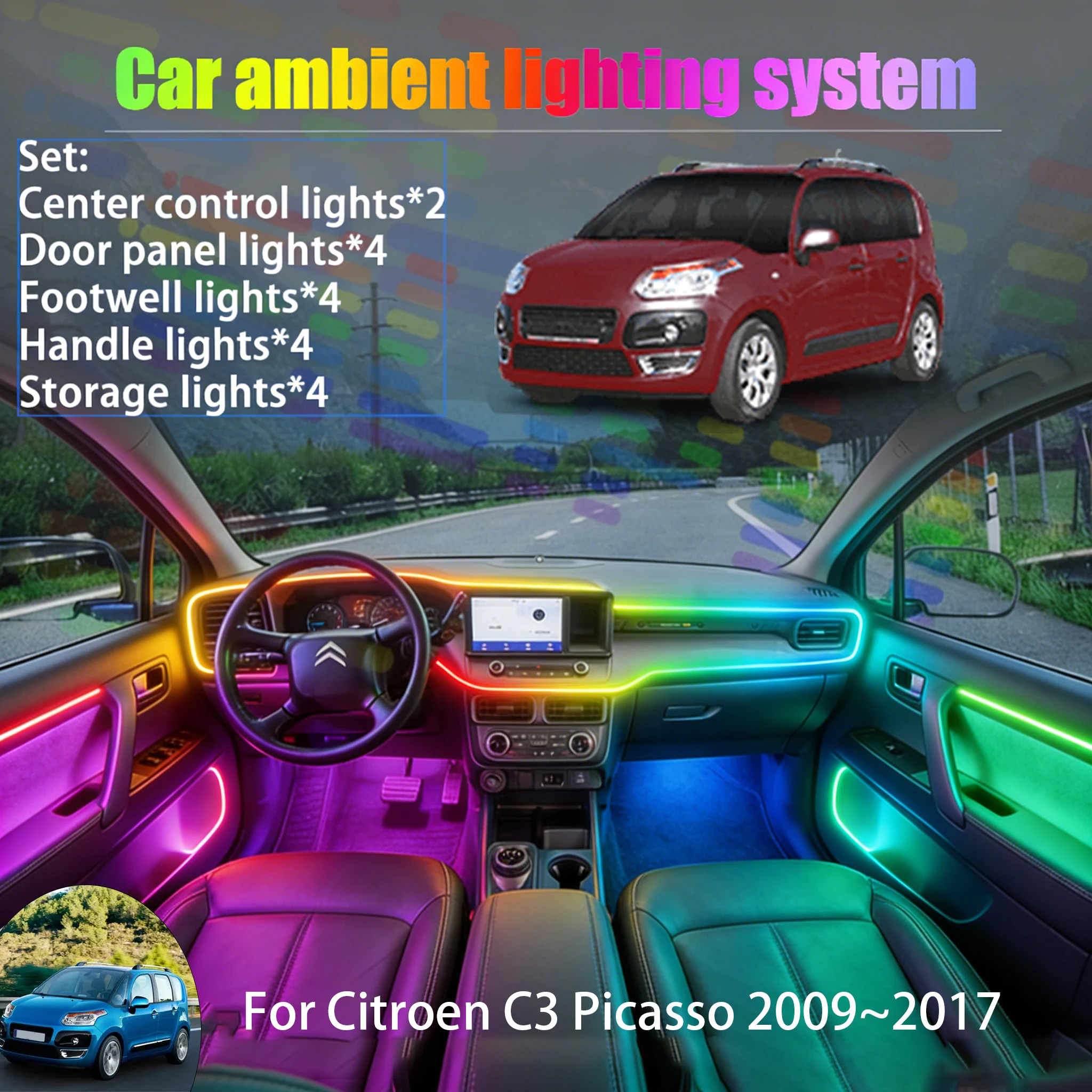 

For Citroën C3 Picasso 2009~2017 2/18 in 1 Car ambient lighting Led trunk interior led lights USB RGB Ensemble Streamer