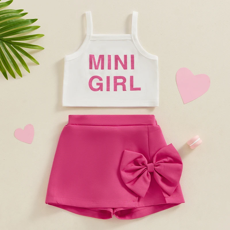 VISgogo Little Girl Summer Clothes Letter Print Cami Tops with Bow Elastic Waist Skirt Shorts 2 Pcs Outfit