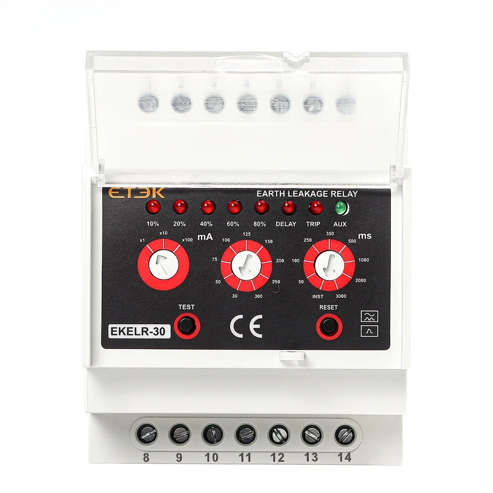 ETEK EKELR-30 110/230 В переменного тока Тип A обнаружение утечки 30 мА-30 А, реле контроля утечки на землю (ELR) с регулируемым уровнем отключения