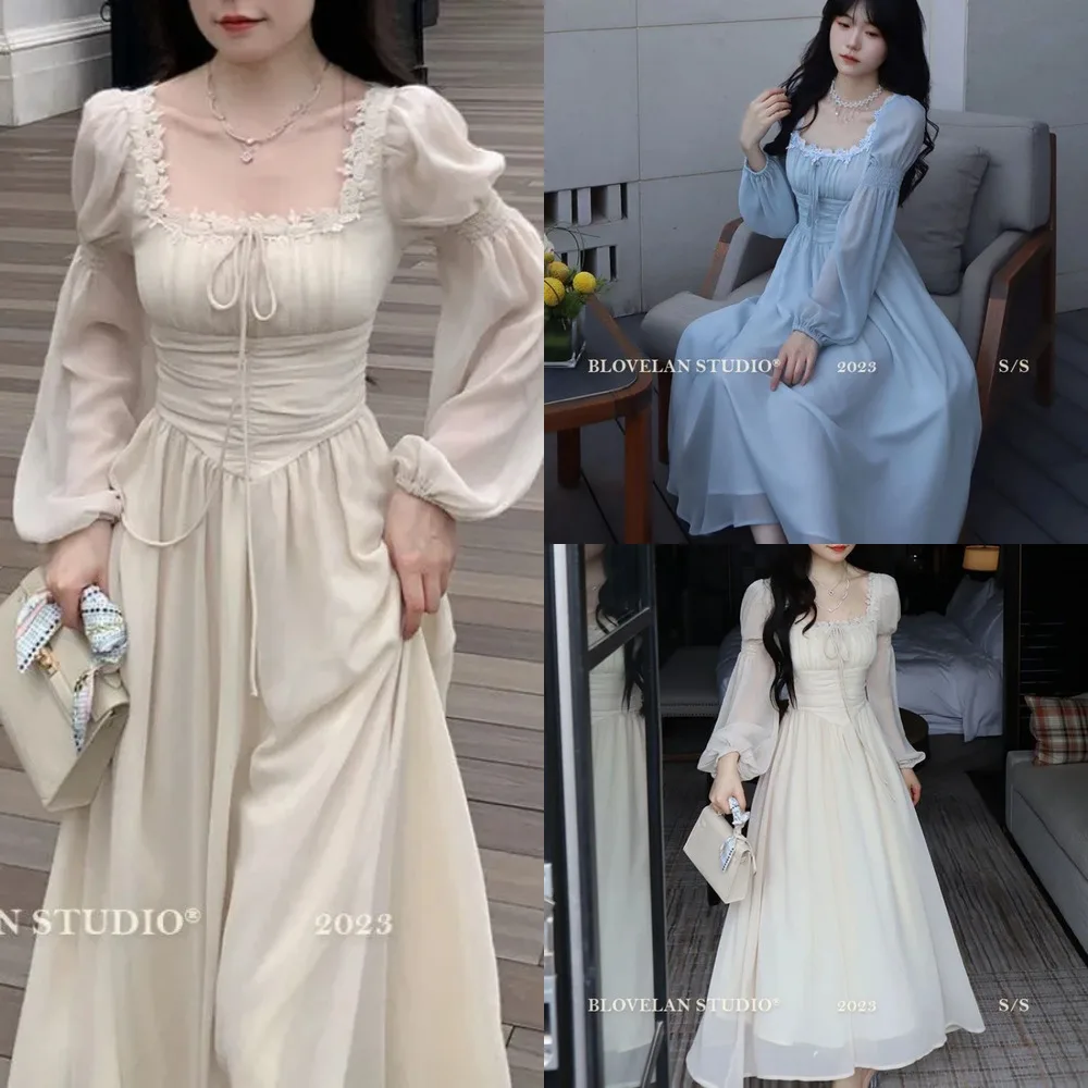 

Elegant Bow Mini Dresses French Blue Flower Strap Midi Dresses Long Dresses Women Fairy Square Neck Waist Cinched Dresses New