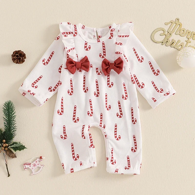 VISgogo Newborn Baby Girls Christmas Jumpsuit Long Sleeve Candy Cane/Christmas Tree Print Rompers Baby Fall Clothes