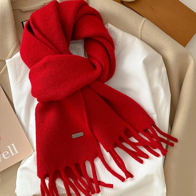 100% Pure Wool Knitted Women Scarf Solid Color Winter Warm Outdoor Scarves Tassel Shawls Pashmina Lady Wrap