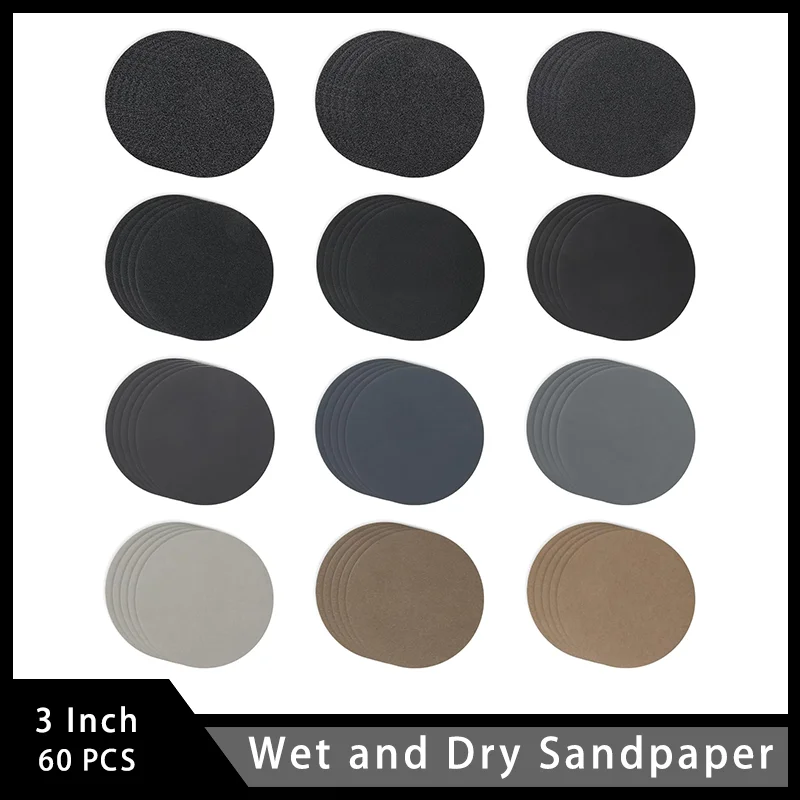 3 Inch Wet and Dry Sandpaper Hook and Loop Sanding Disc 60 Pcs Assorted 60-10000 Grit for Surface Treatment of Wood Stone Paint