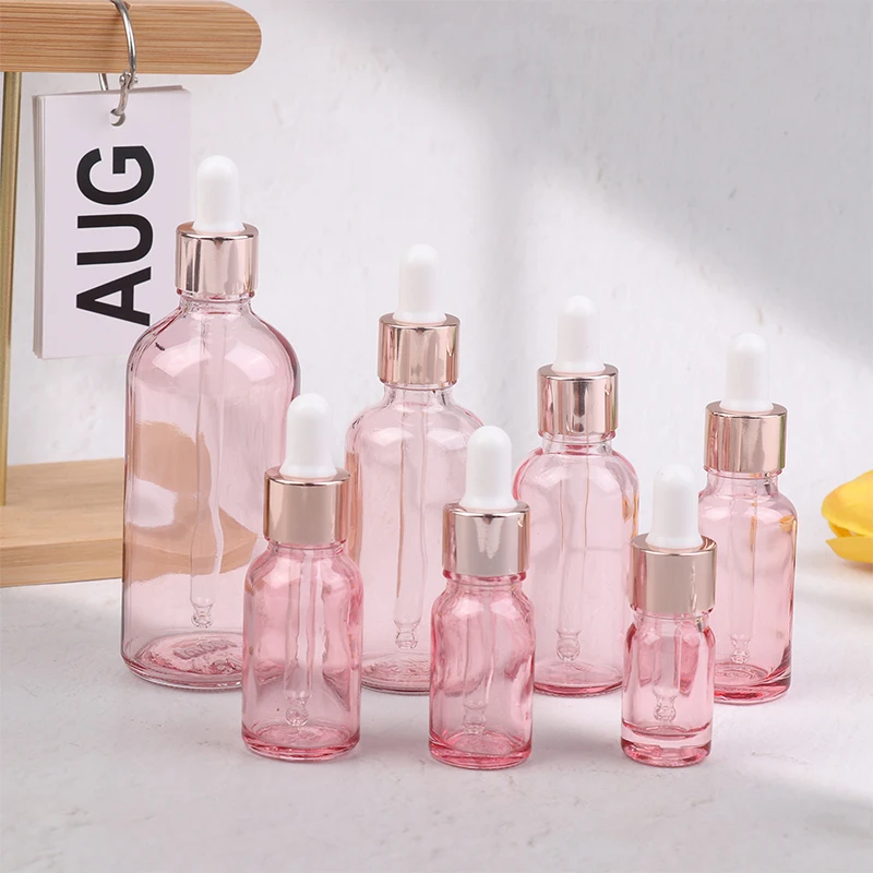 Bottiglie contagocce ricaricabili 5-100ML Coperchio rosa Contenitore cosmetico Pipetta liquida per aromaterapia in vetro rosa per massaggio essenziale