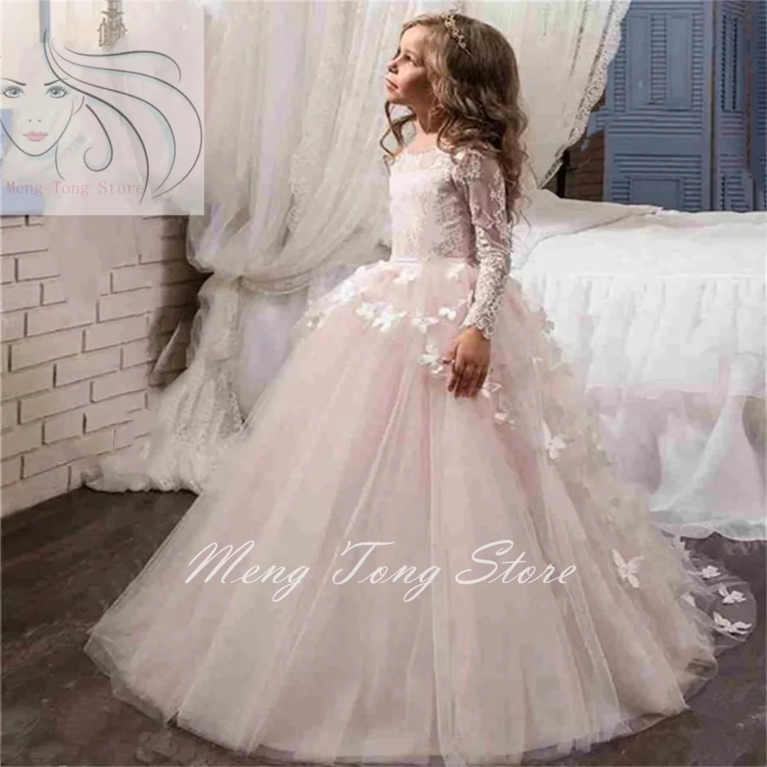 Long Sleeve Flower Girl Dress For Wedding Lace Appliques Birthday Ball Gown First Holy Communion Celebration Dresses