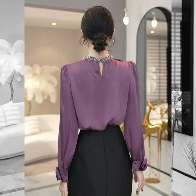 Zdjęcie 6: 2024 Wczesna jesień Nowy top Wczesna jesień noszenie eleganckiej fioletowej lekkiej luksusowej damskiej koszuli z długim rękawem