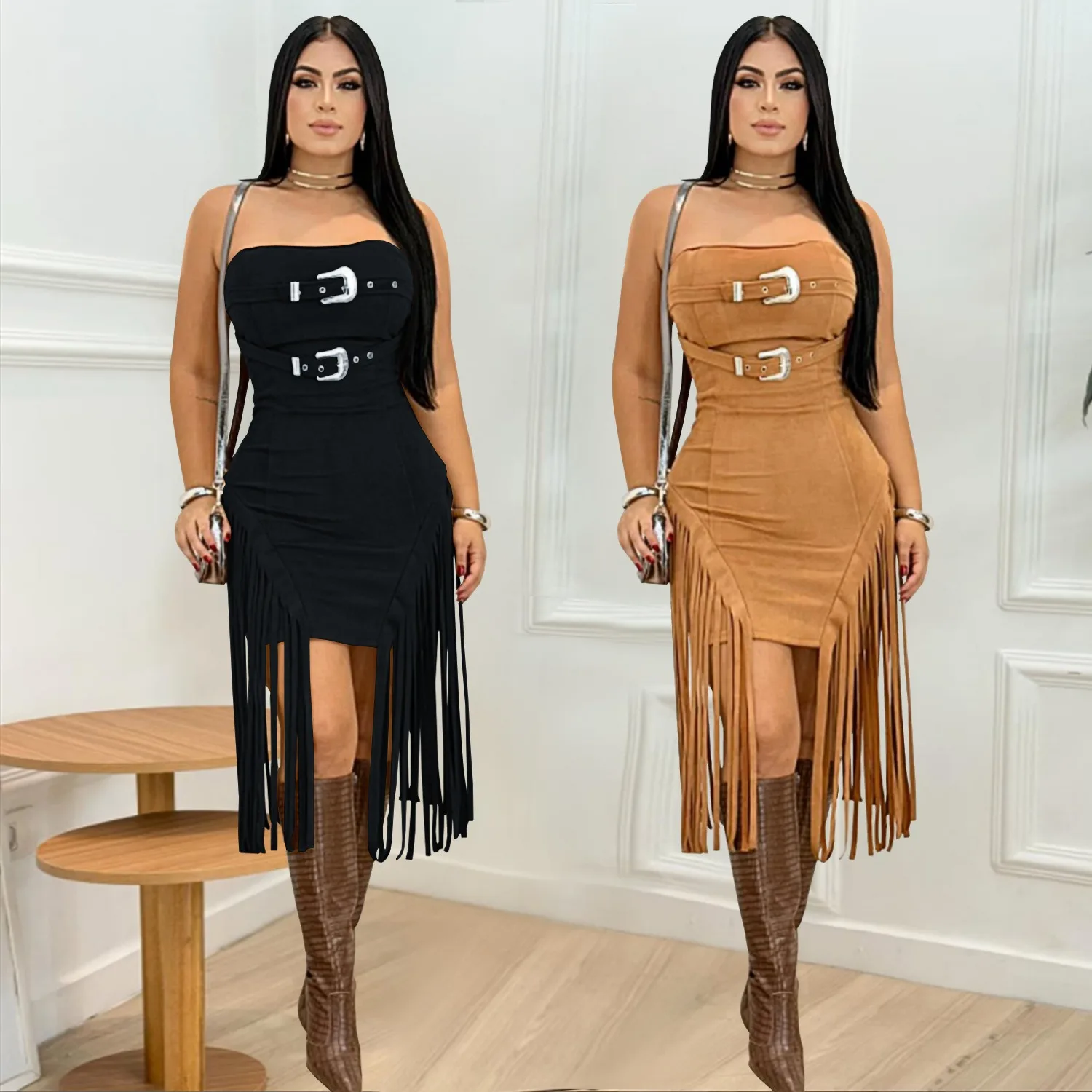 

Sexy Nightclub Party Prom Club Banquet Solid Color Sleeveless Sheath Backless Tassel Dresses