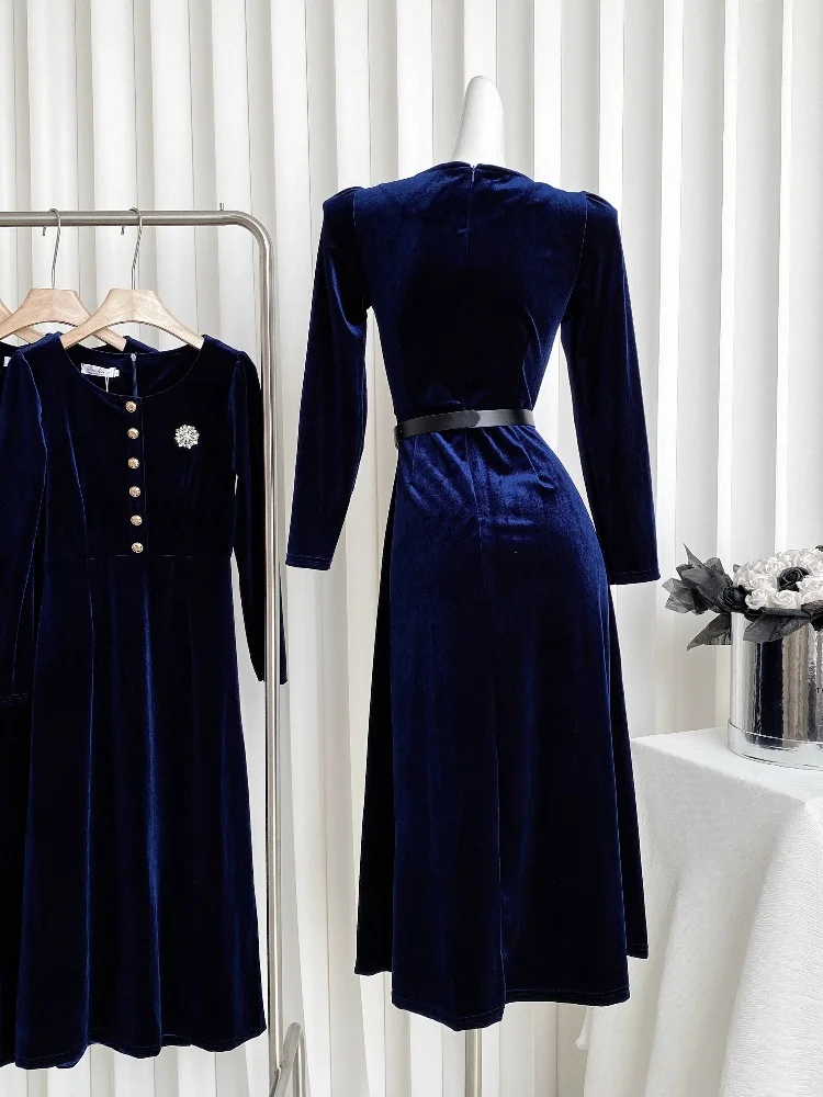 New Autumn Winter French Style Light Luxury High-End Velvet Dress Women's Temperament Elegant Slim Blue Long Sleeved Dress