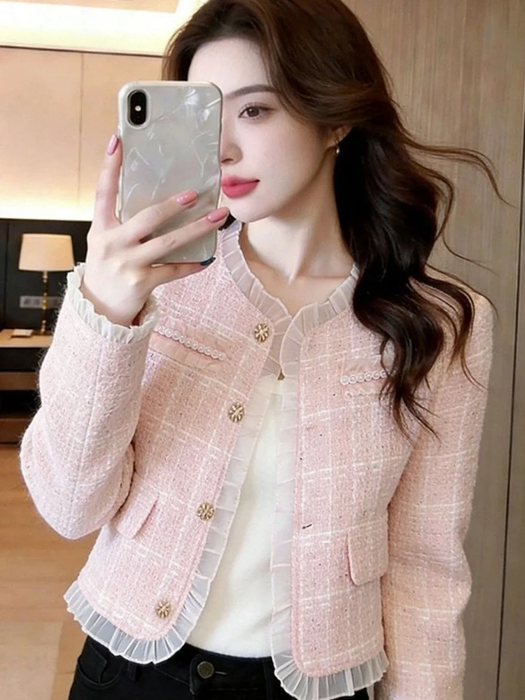 Sweet Pink Tweed Jacket Women Slim Long Sleeve Elegant Mesh Patchwork Short Coat Fashion O Neck Single Breasted Outwear Tops New