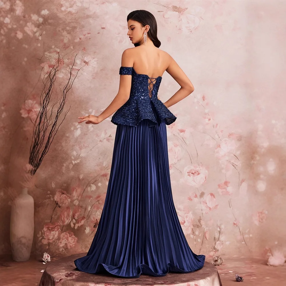 Ladies Navy Peplum Sequin Long Dress Off Shoulder Notched Neck Voluminous Pleated Satin Skirt Wedding Guest Outfit