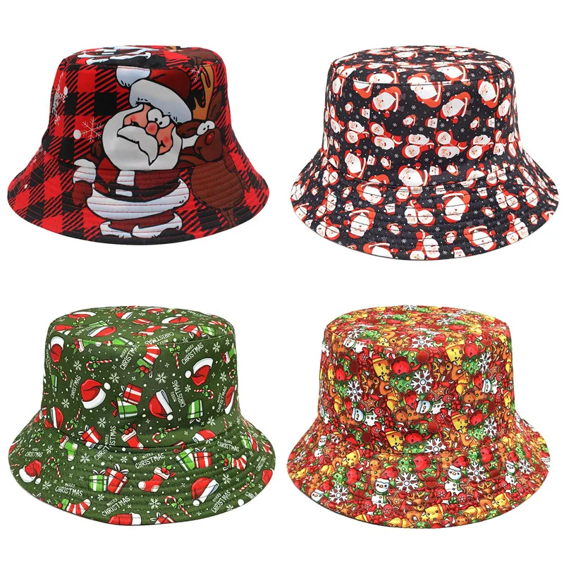 Christmas elements printed fisherman hats for men and women outdoor sunshade double-sided basin hats festive casual sunscreen ha