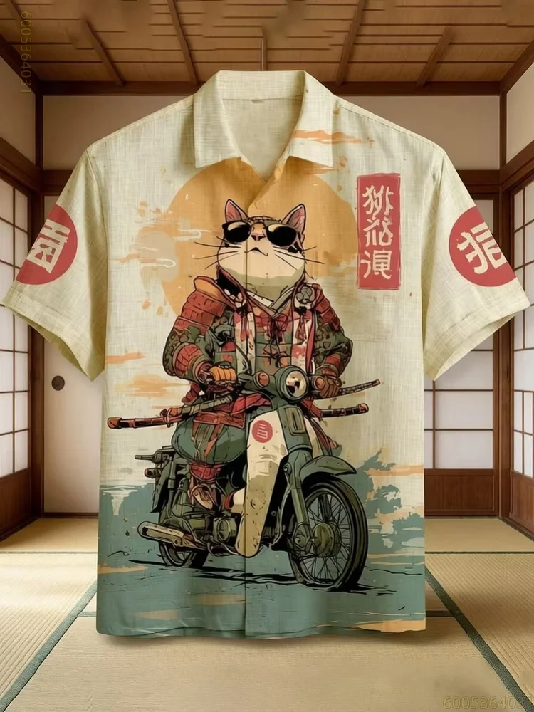 Men's shirt with vintage cat print short sleeved shirt, personalized and creative printing trend, loose and casual cardigan top