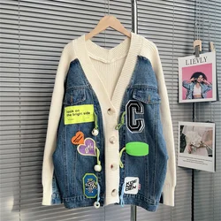 Denim Patchwork Knit Sweater Cardigans Women V-Neck Full Sleeve Button Up Oversized Jacket Coat Fall 2024 Streetwear