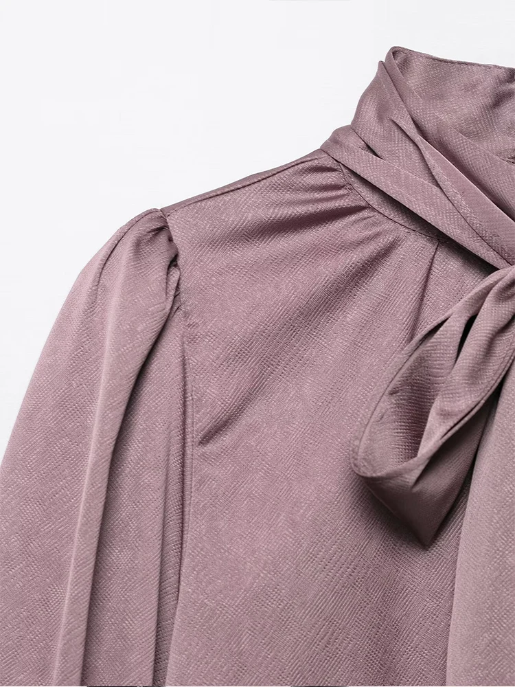 قميص نسائي جديد على الطراز الأوروبي من الساتان بلون سادة ومتعدد الاستخدامات مع زخرفة فيونكة. #2